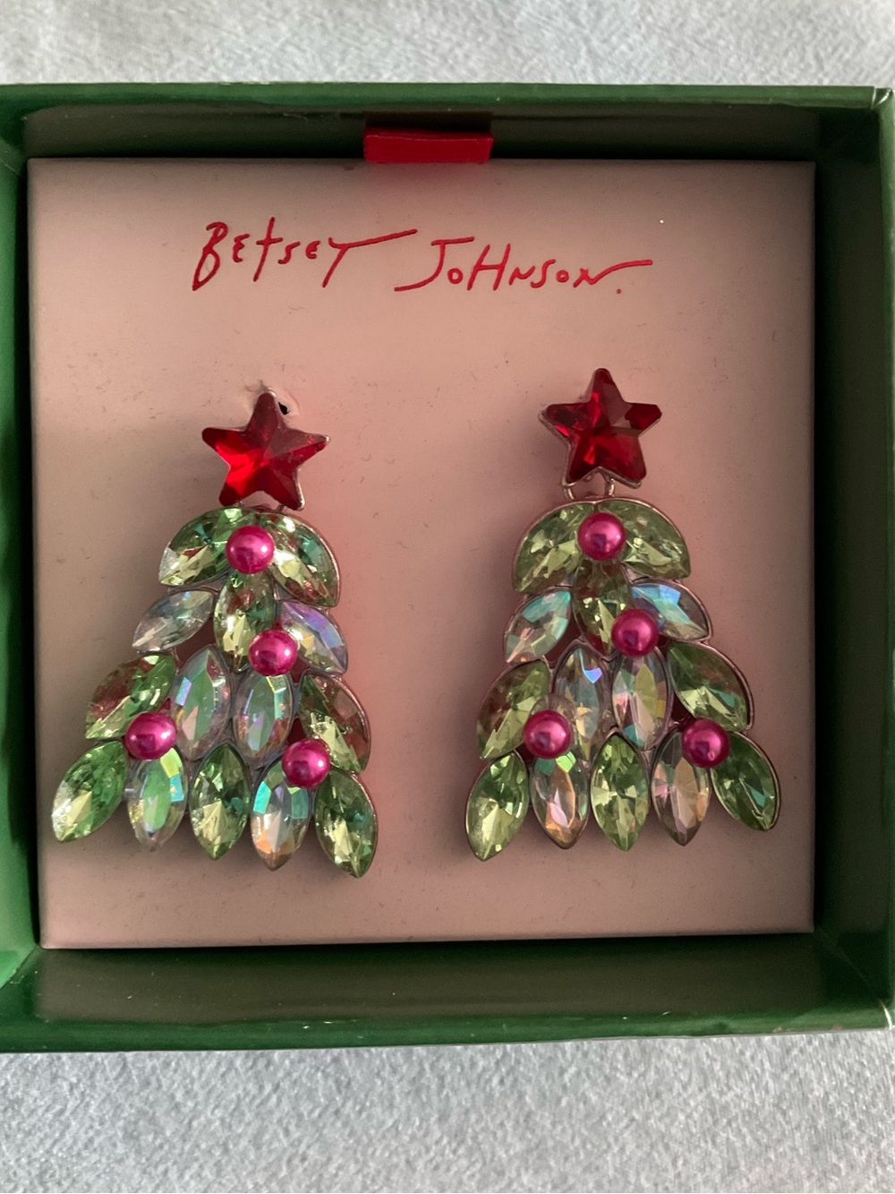 Betsey Johnson Christmas Tree Statement Earrings NWT Crystal Rhinestone Holiday - Picture 7 of 7